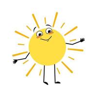 Cute sun character with happy emotion, joyful face, smile eyes, arms and legs. Person with funny expression and pose. Vector flat illustration