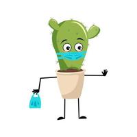 Cute cactus character with sad emotions, face and mask keep distance, hands with shopping bag and stop gesture. Houseplant with care expression and pose. Vector flat illustration