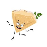 Pancake character with cottage cheese and parsley and crazy joyful emotions, happy face, smile, arms and legs. Baking person, homemade pastry with funny expression. Vector illustration