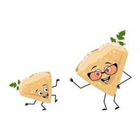 Pancake character with glasses and grandson dancing character with happy emotion, joyful face, smile eyes, arms and legs. Baking person, homemade pastry with funny expression. Vector flat illustration