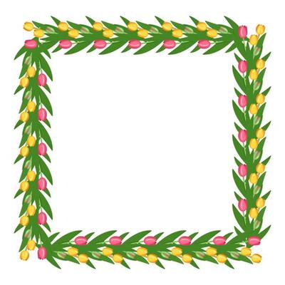 Square wreath of tulip flowers. Frame with spring blooming composition with plants and leaves. Festive decoration for wedding, holiday, postcard and design. Vector flat illustration