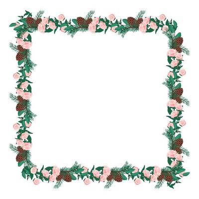 Square frame of pink peony flowers with spruce needles and cones. Spring flowering composition or wreath with leaves. Festive decoration for wedding, holiday and postcard. Vector illustration