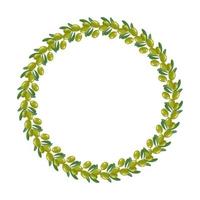 Wreath of branch green olives with fruits and leaves. Round frame, Greek traditional food. Holiday decorations for wedding, holiday, postcard, poster and design. Vector illustration