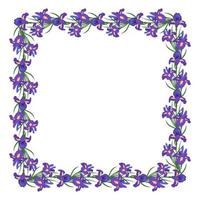 Square frame of iris flowers. wreath with spring blooming composition with plants and leaves. Festive decoration for wedding, holiday, postcard and design. Vector flat illustration