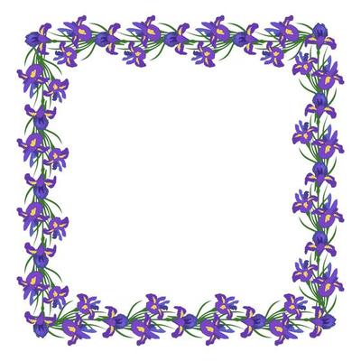 Square frame of iris flowers. wreath with spring blooming composition with plants and leaves. Festive decoration for wedding, holiday, postcard and design. Vector flat illustration