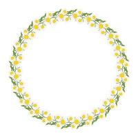 Daisy wreath. Round frame, cute white flowers chamomile with yellow hearts and leaves. Festive decorations for wedding, holiday, postcard, poster and design. Vector flat illustration