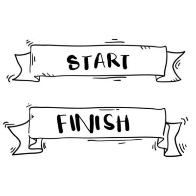 handdrawn start and finish line banners, streamers, flags for outdoor sport event - competition race, run with doodle cartoon style