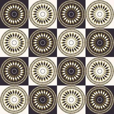 Retro classic golden flower circle shape on black-white square grid seamless pattern background. Use for fabric, textile, interior decoration elements, upholstery.
