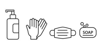 Personal protection equipment icons - medical mask, latex gloves, soap. Coronavirus, covid 19 prevention items. Line, outline symbols. Vector illustration