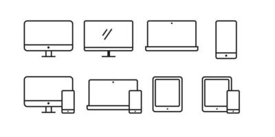 iconos de línea de dispositivos y electrónica. conjunto de vectores planos de computadoras y teléfonos móviles.