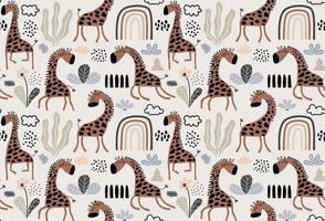 hand-drawn colored childish seamless repeating simple pattern with cute giraffes vector