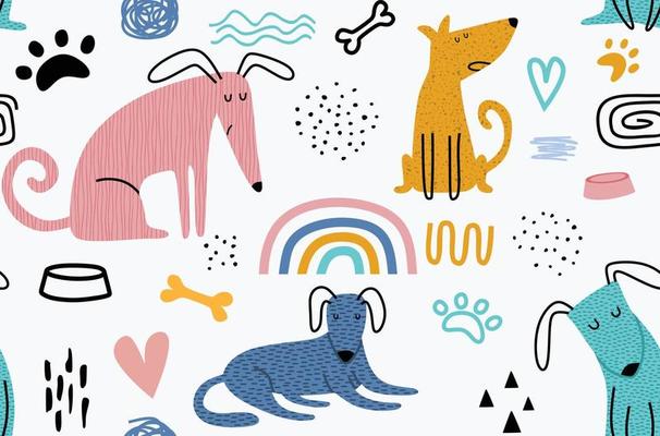 Childish seamless pattern with funny dogs.