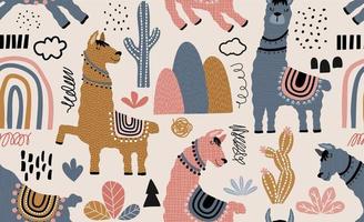 Seamless pattern with llama, cactus and hand drawn elements. vector