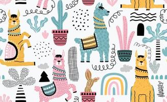 Seamless pattern with llama, cactus and hand drawn elements. vector