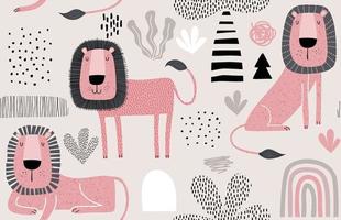 Seamless pattern with cute cartoon lion. vector