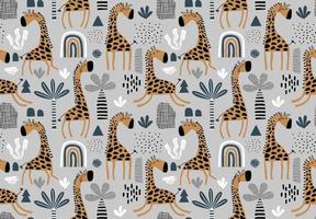 hand-drawn colored childish seamless repeating simple pattern with cute giraffes vector