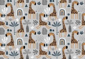 hand-drawn colored childish seamless repeating simple pattern with cute giraffes vector