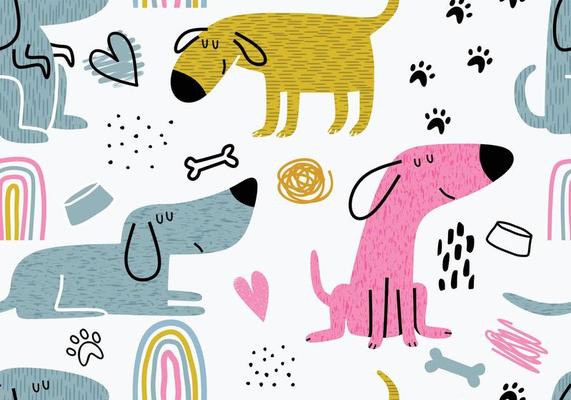 Childish seamless pattern with funny dogs.