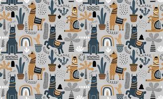 Seamless pattern with llama, cactus and hand drawn elements. vector