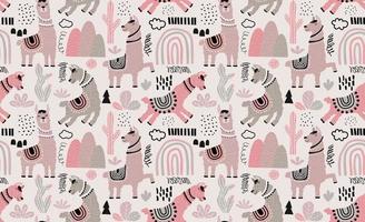 Seamless pattern with llama, cactus and hand drawn elements.