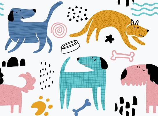 Childish seamless pattern with funny dogs.