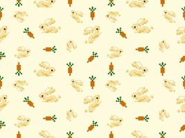 conejo y zanahoria personaje de dibujos animados de patrones sin fisuras sobre fondo amarillo. estilo píxel