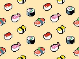 Sushi cartoon character seamless pattern on yellow background.Pixel style