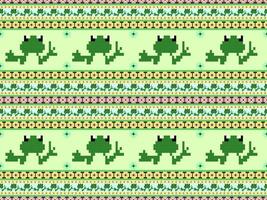 Frog cartoon character seamless pattern on green background.Pixel style vector