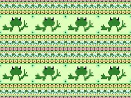 Frog cartoon character seamless pattern on green background.Pixel style vector