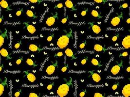 Pineapple cartoon character seamless pattern on black background. Pixel style vector