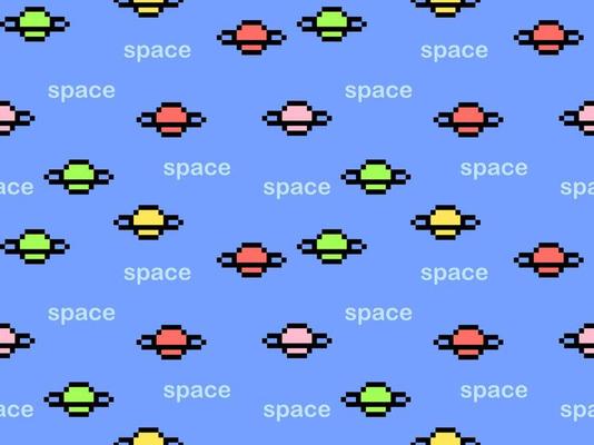 Space cartoon character seamless pattern on blue background.Pixel style