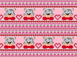 Cat cartoon character seamless pattern on pink background. Pixel styles vector