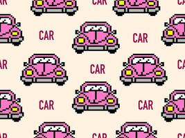 Car cartoon character seamless pattern on yellow background.Pixel style vector