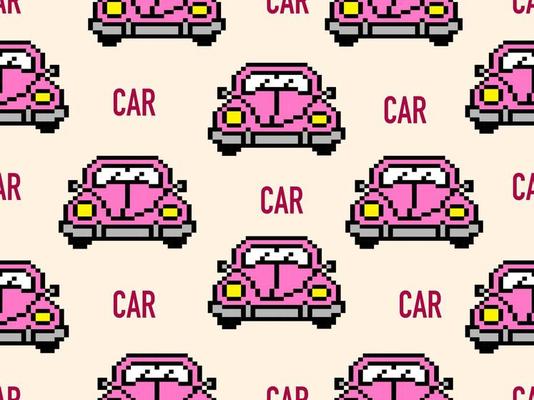 Car cartoon character seamless pattern on yellow background.Pixel style