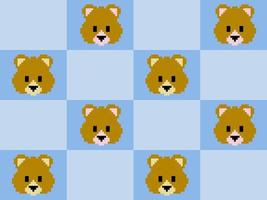 Pixel style brown bear head cartoon character on blue background. vector