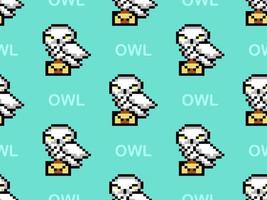 Owl cartoon character seamless pattern on green background.Pixel style vector