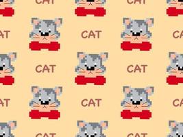 Cat cartoon character seamless pattern on orange background. Pixel style vector