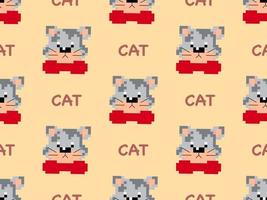 Cat cartoon character seamless pattern on orange background. Pixel style vector