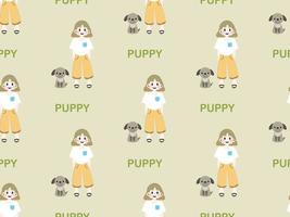 girl and puppy cartoon character seamless pattern on green background vector