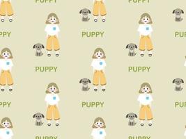 girl and puppy cartoon character seamless pattern on green background vector