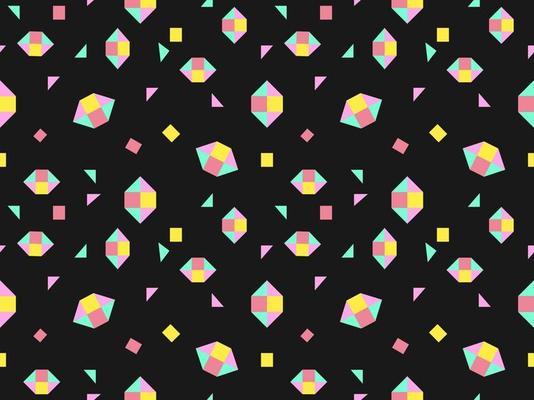 Geometric cartoon character seamless pattern on black background