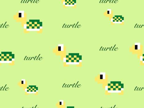 Turtle cartoon character seamless pattern on green background.Pixel style vector