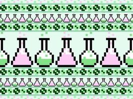 Test tube cartoon character seamless pattern on green background.Pixel style vector