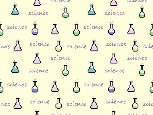 Test tube cartoon character seamless pattern on yellow background.Pixel style