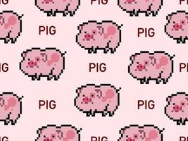 Pig cartoon character seamless pattern on pink background.Pixel style vector