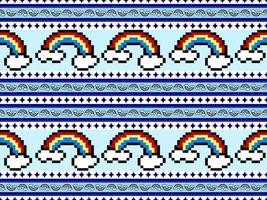 Rainbow cartoon character seamless pattern on blue background.Pixel style vector