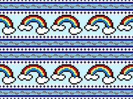 Rainbow cartoon character seamless pattern on blue background.Pixel style vector