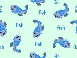 Fish cartoon character seamless pattern on blue background.Pixel style vector