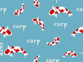 Carp cartoon character seamless pattern on blue background.Pixel style vector