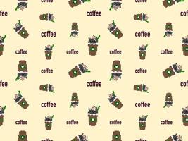 Coffee cartoon character seamless pattern on yellow background.Pixel style vector